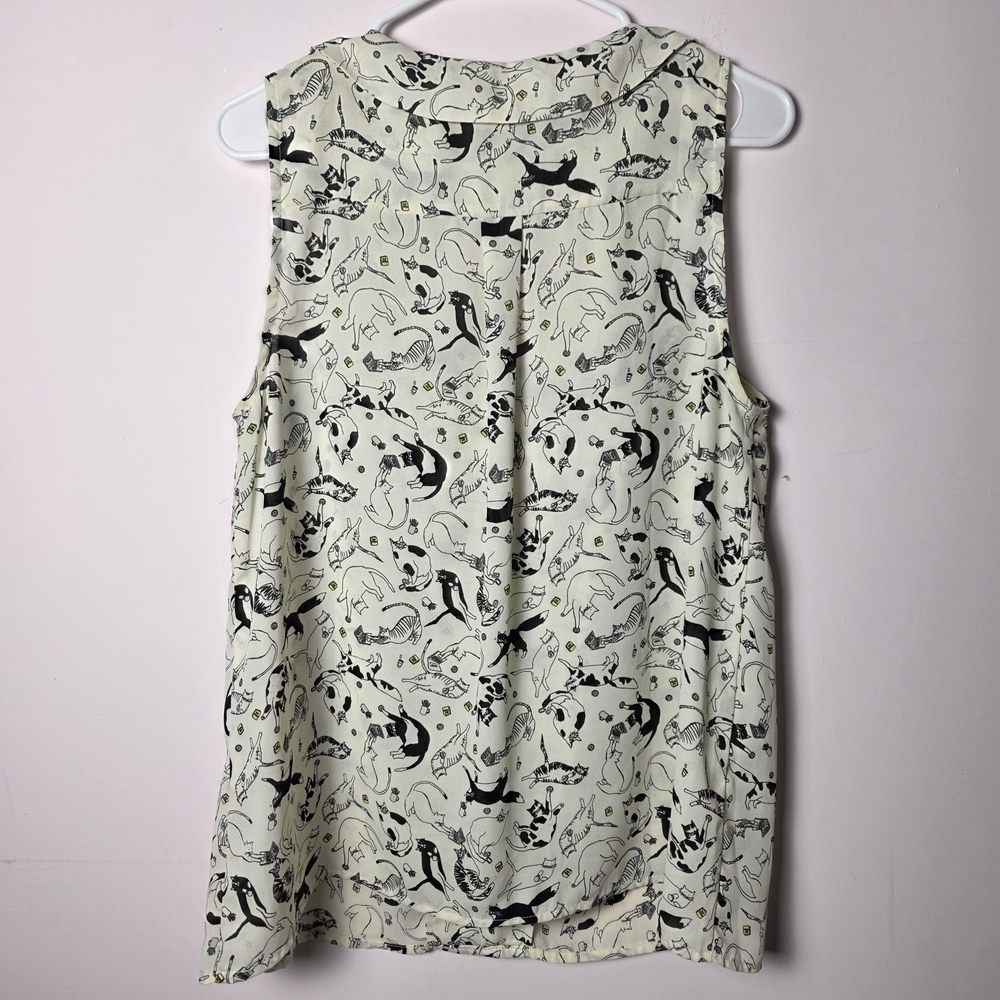 ModCloth Cream Sleeveless Button-Front Blouse with Black Cat Print - Picture 2 of 7